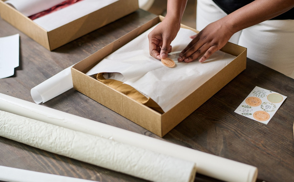 Ein Produkt wird für den Versand in einem Karton verpackt.